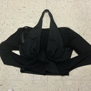Cropped black halter with mesh sleeves
